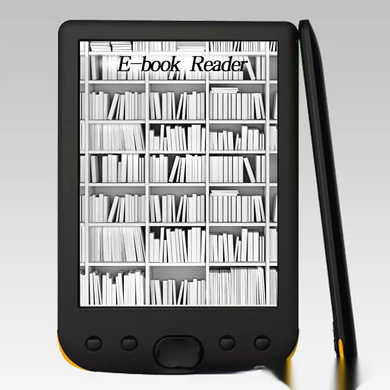 Black 6-inch E-ink e-book reader with anti-glare screen on a table.