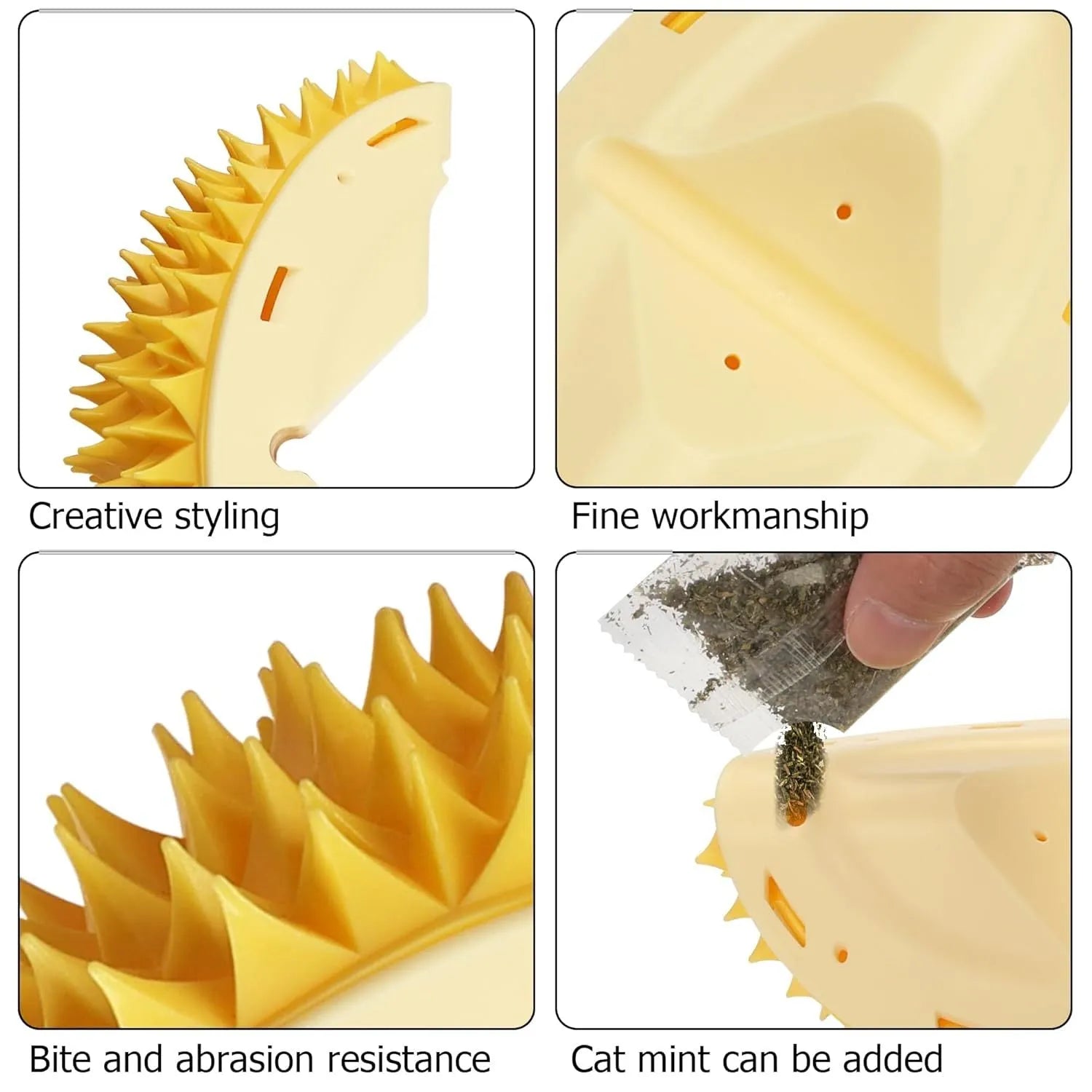Yellow durian-shaped cat corner scratcher and grooming comb mounted on a wall.