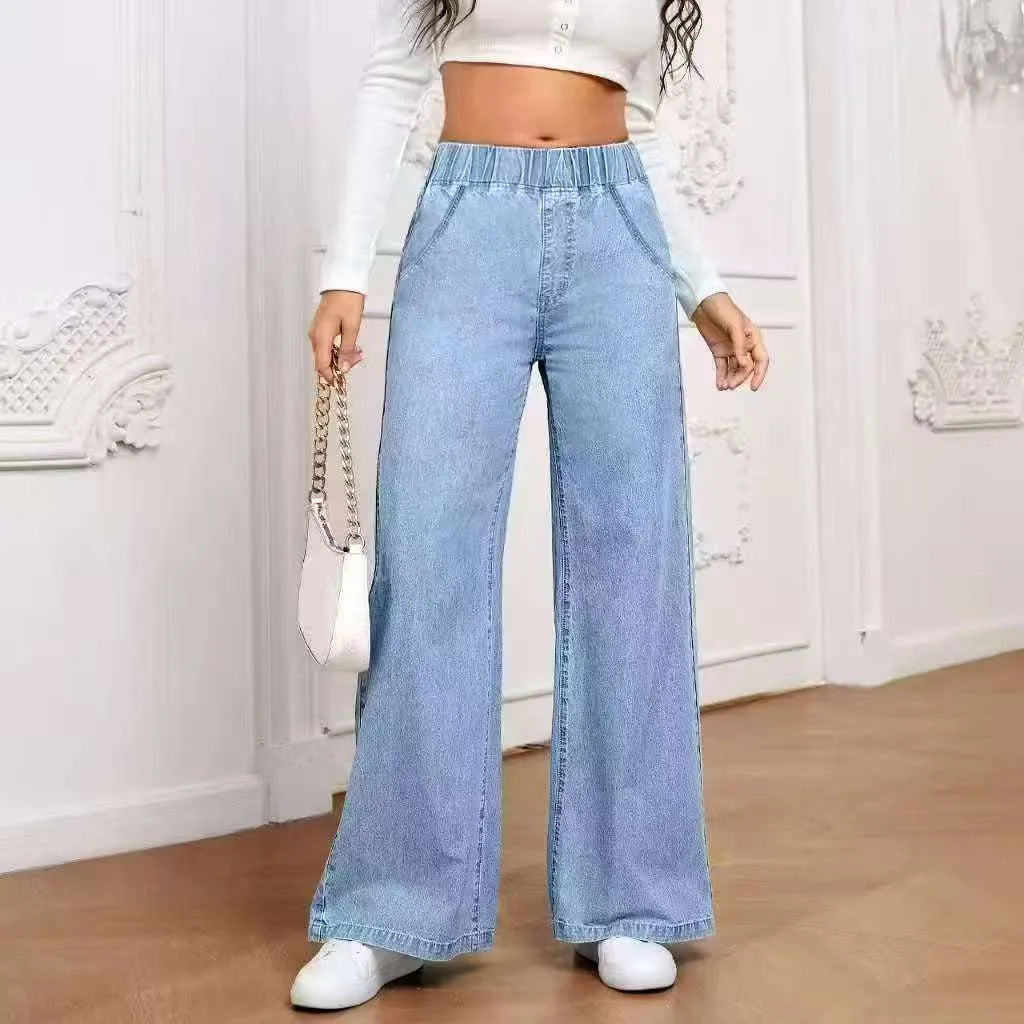 Light blue washed wide-leg women's jeans with straight leg and mid waist design