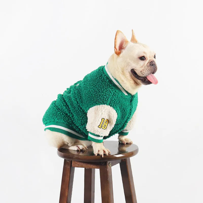 Green fleece-lined cotton dog winter clothing showing pullover design for cold weather protection