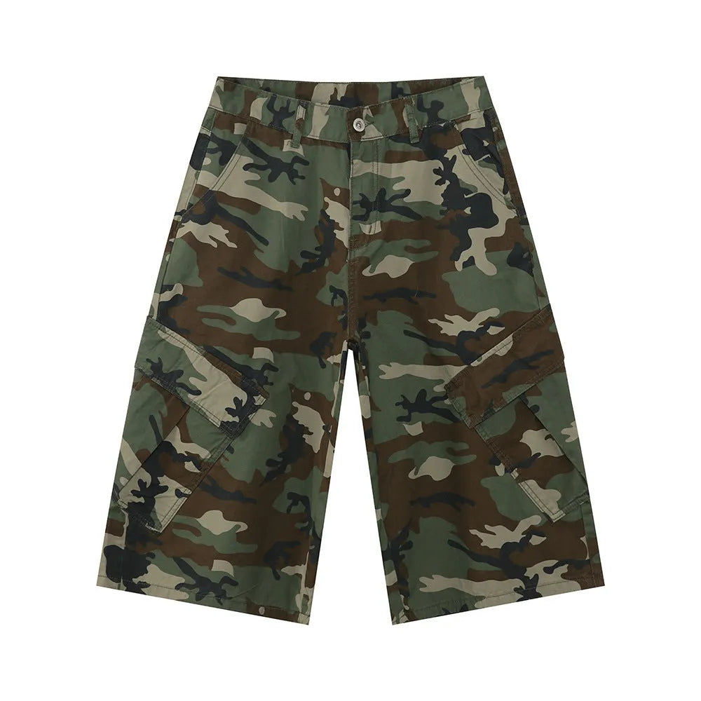 Men's loose fit camouflage cotton jeans with wide legs, cropped length, and a large side pocket.