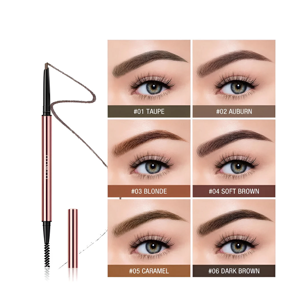 Eyebrow pencil in colour box showing six shade options including Auburn, Blonde, Caramel, Dark Brown, Soft Brown, and Taupe.