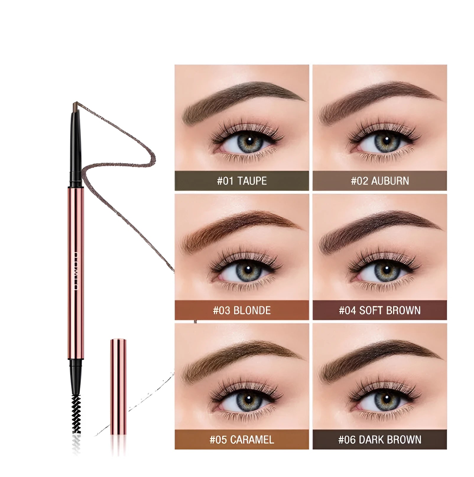 Eyebrow pencil in colour box showing six shade options including Auburn, Blonde, Caramel, Dark Brown, Soft Brown, and Taupe.