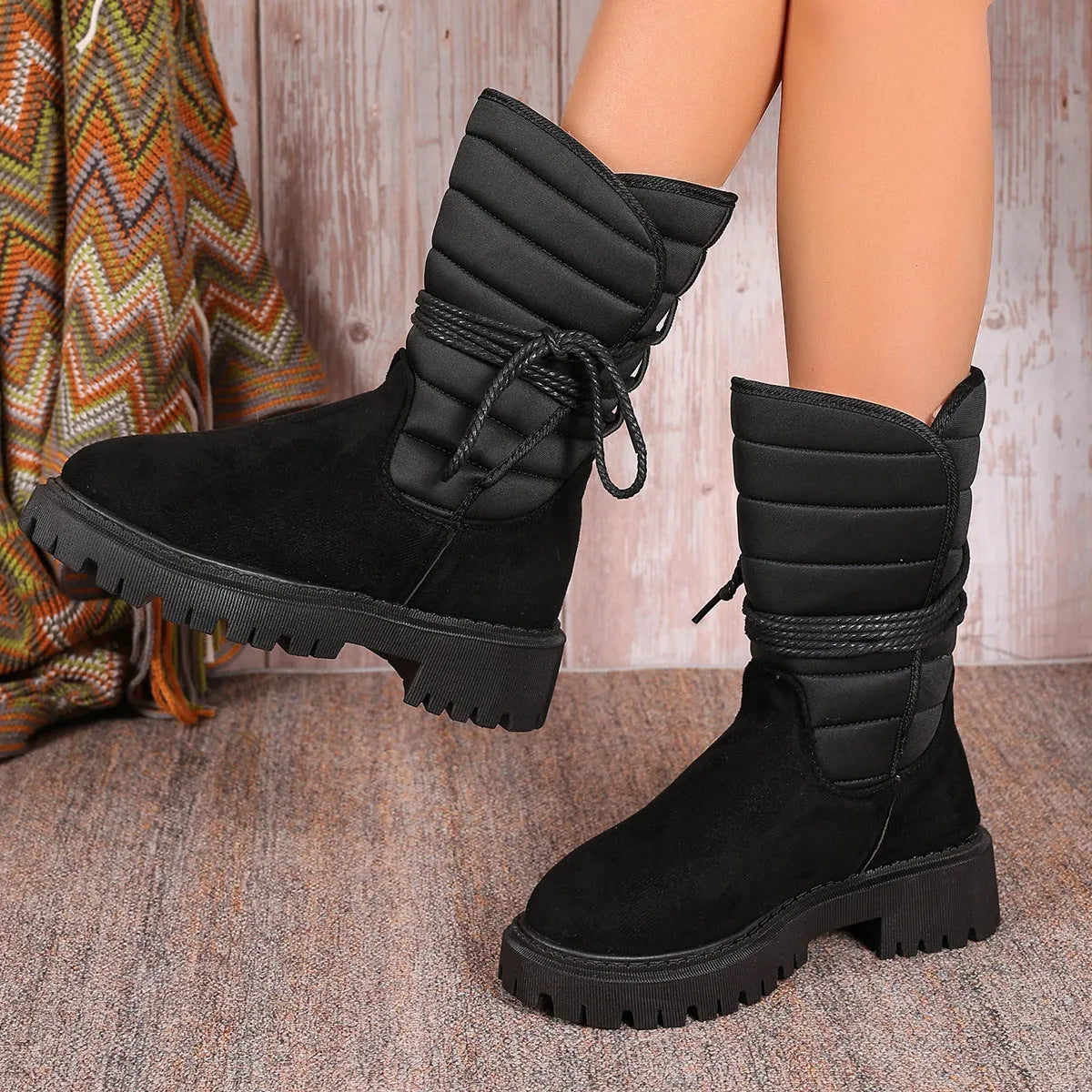 Women's black suede snow boots with chunky heel and lace-up design showing fleece lining