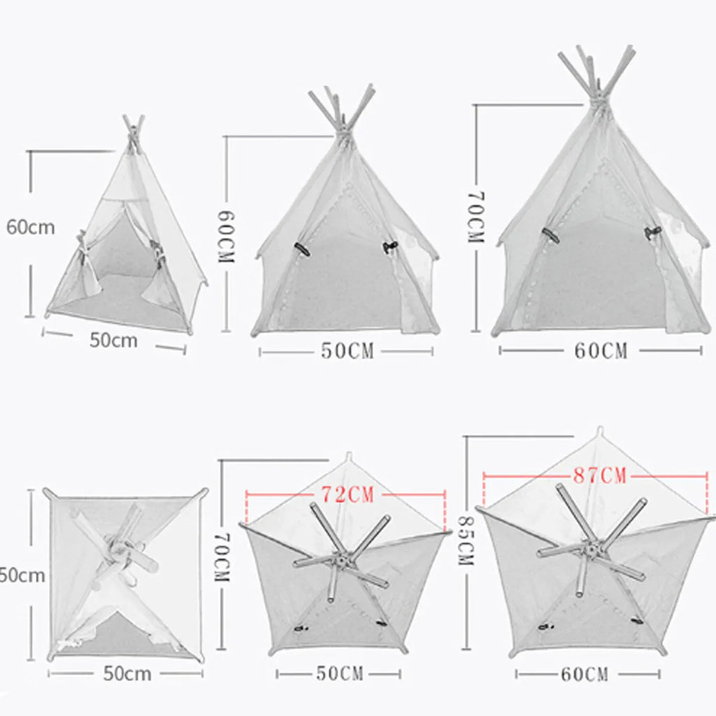 White portable pet teepee tent with striped pattern and cushion inside for small dogs or cats.