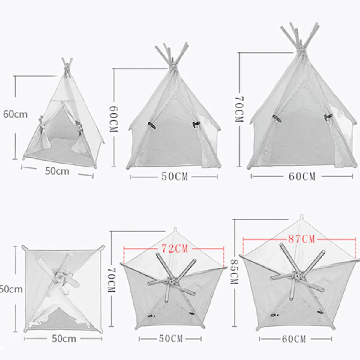White portable pet teepee tent with striped pattern and cushion inside for small dogs or cats.