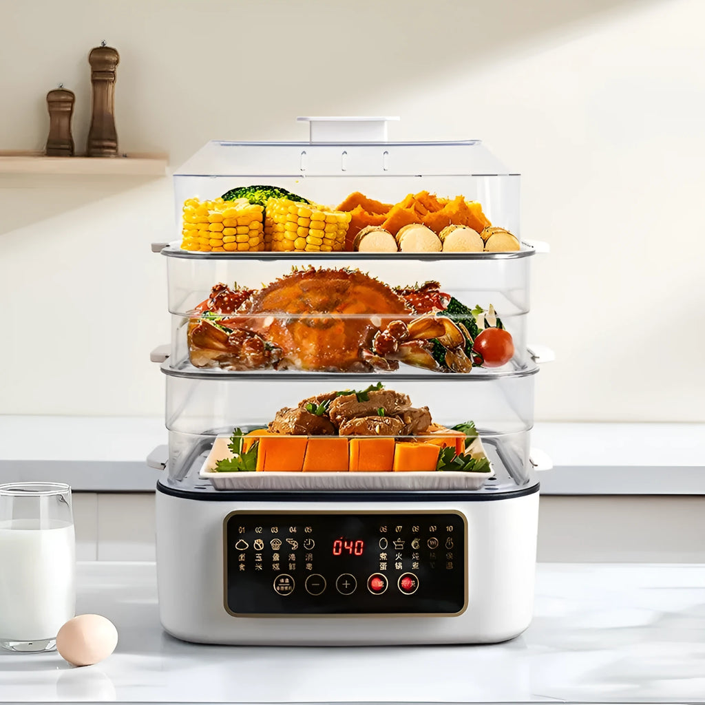 28-litre electric steamer with stainless steel rack showing control panel and compact kitchen design