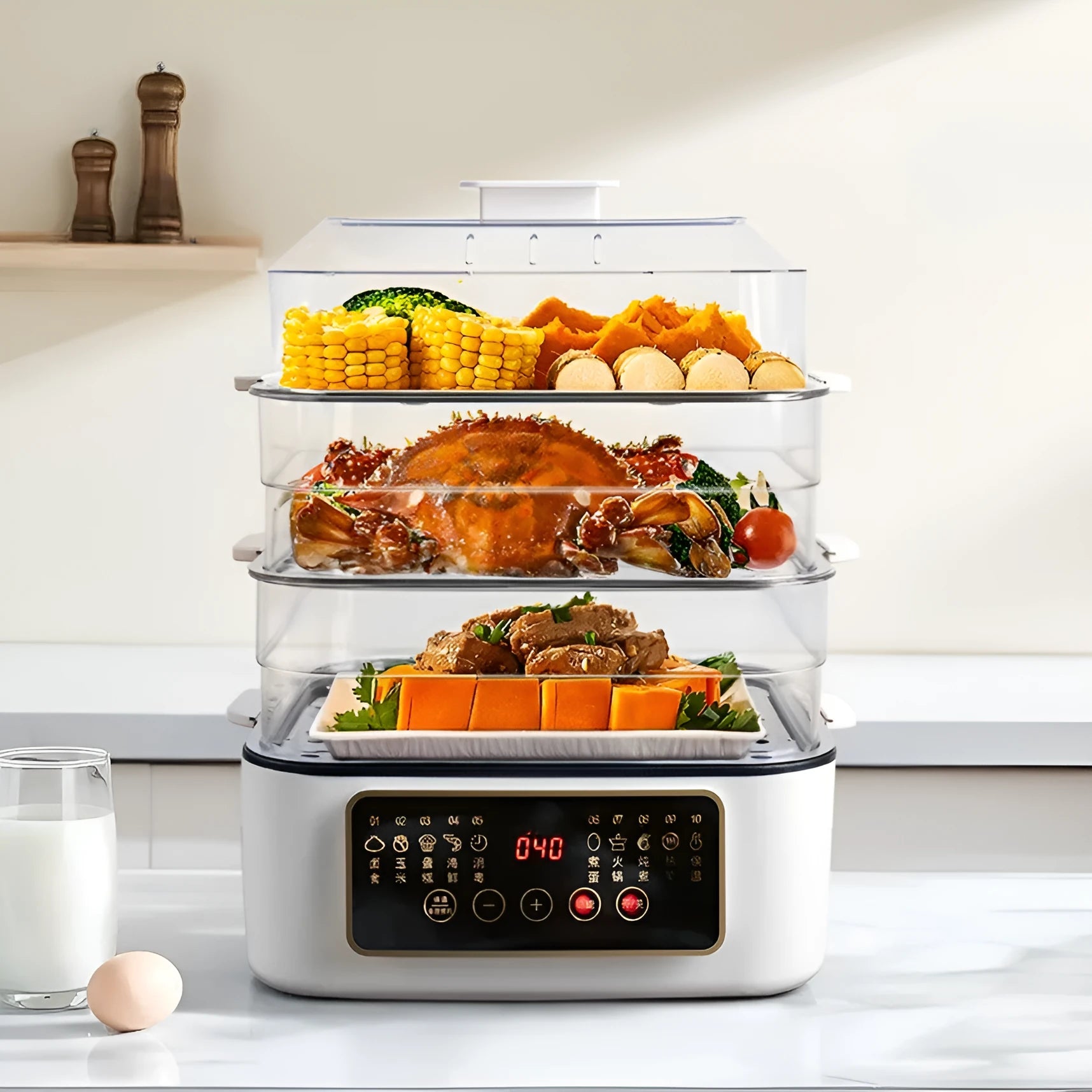28-litre electric steamer with stainless steel rack showing control panel and compact kitchen design
