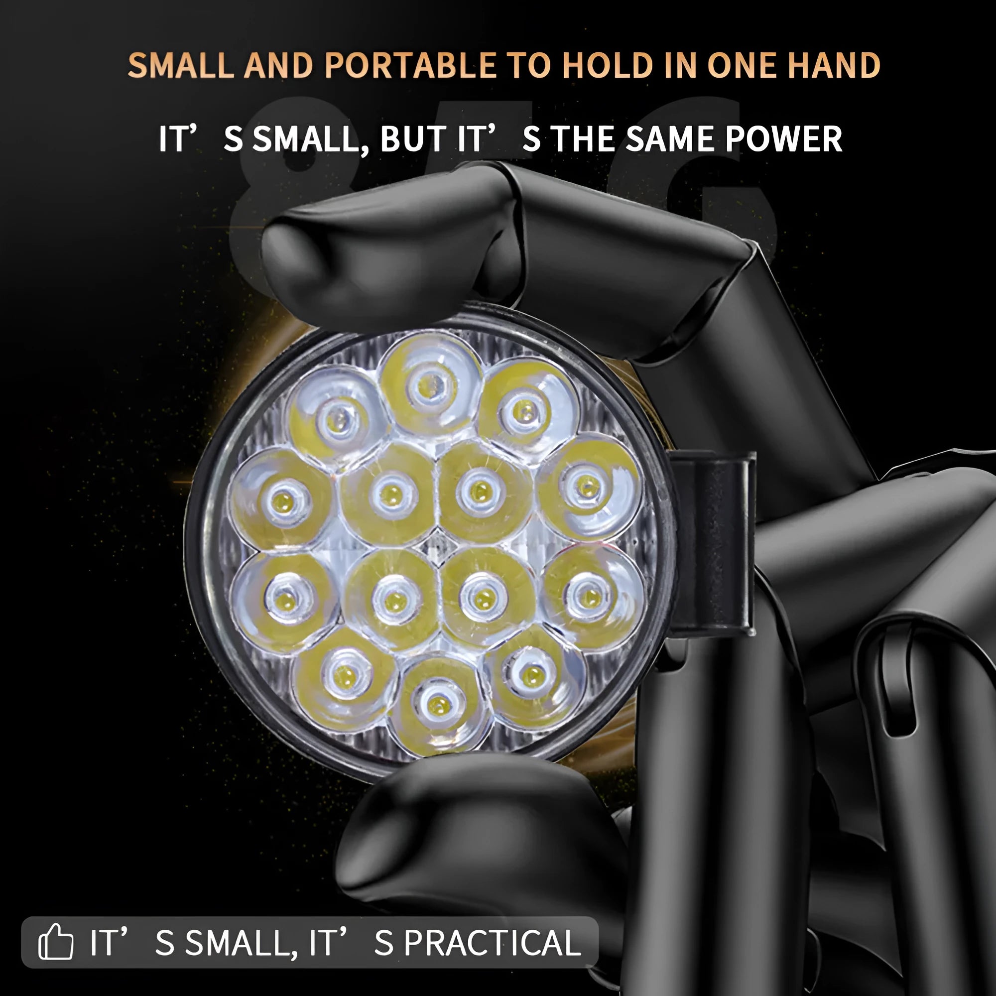 Compact round white LED work light with aluminium housing, suitable for mounting on a vehicle.