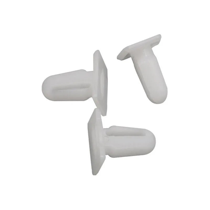 Sixty grey PA66 plastic car interior trim clips arranged on a white surface.