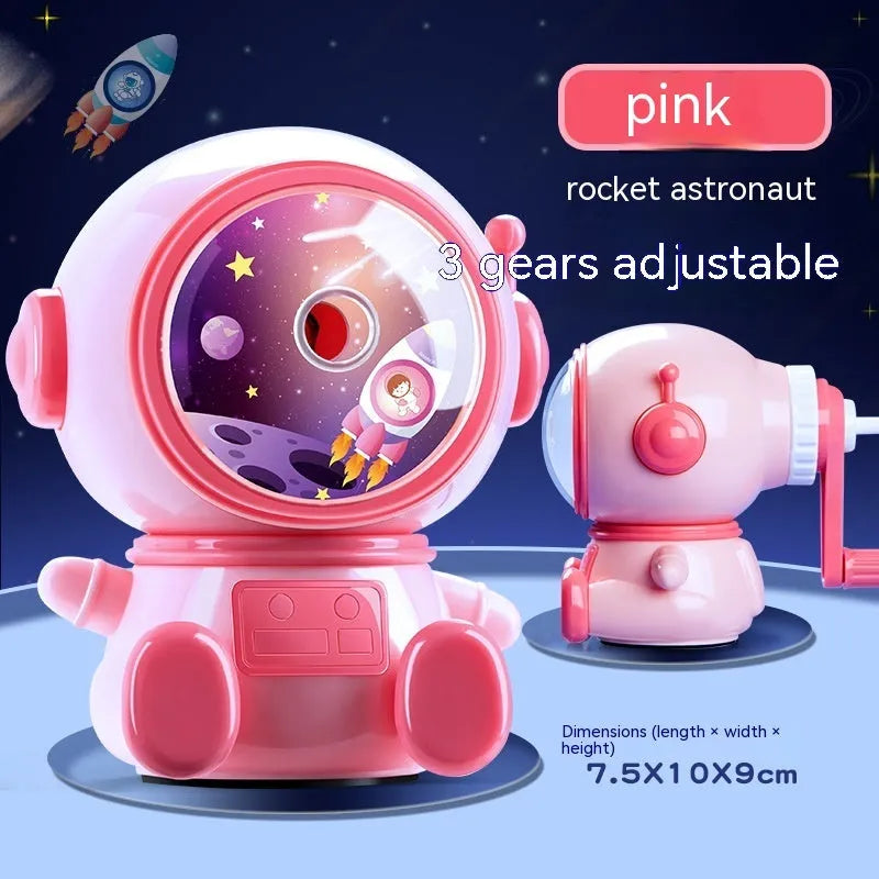 Blue astronaut cartoon pencil sharpener with manual operation and anti-jam mechanism