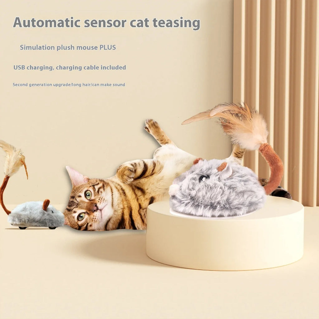 Electric mouse cat pole toy with plush mice in pink, dark grey, or purple colour options