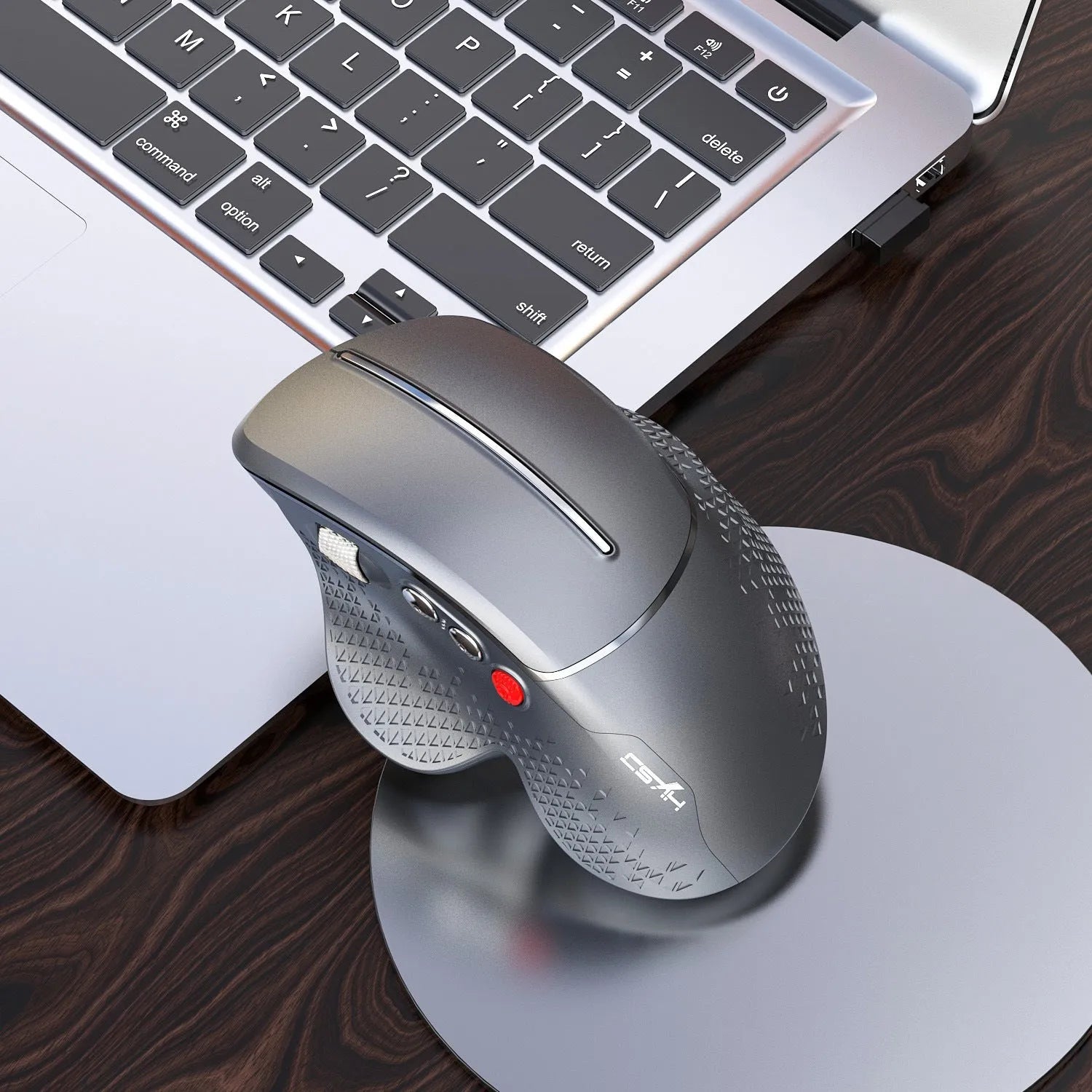 T32 wireless vertical ergonomic mouse in black matte texture showing aluminium side roller and 6-button layout.