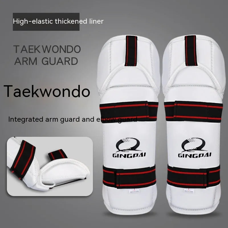 Taekwondo protective gear set showing leggings, arm guard and leg protector in PU EVA material
