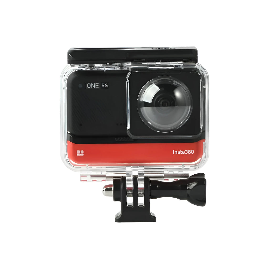 Transparent Insta360 One RS waterproof case showing dual lens openings and clear polycarbonate construction