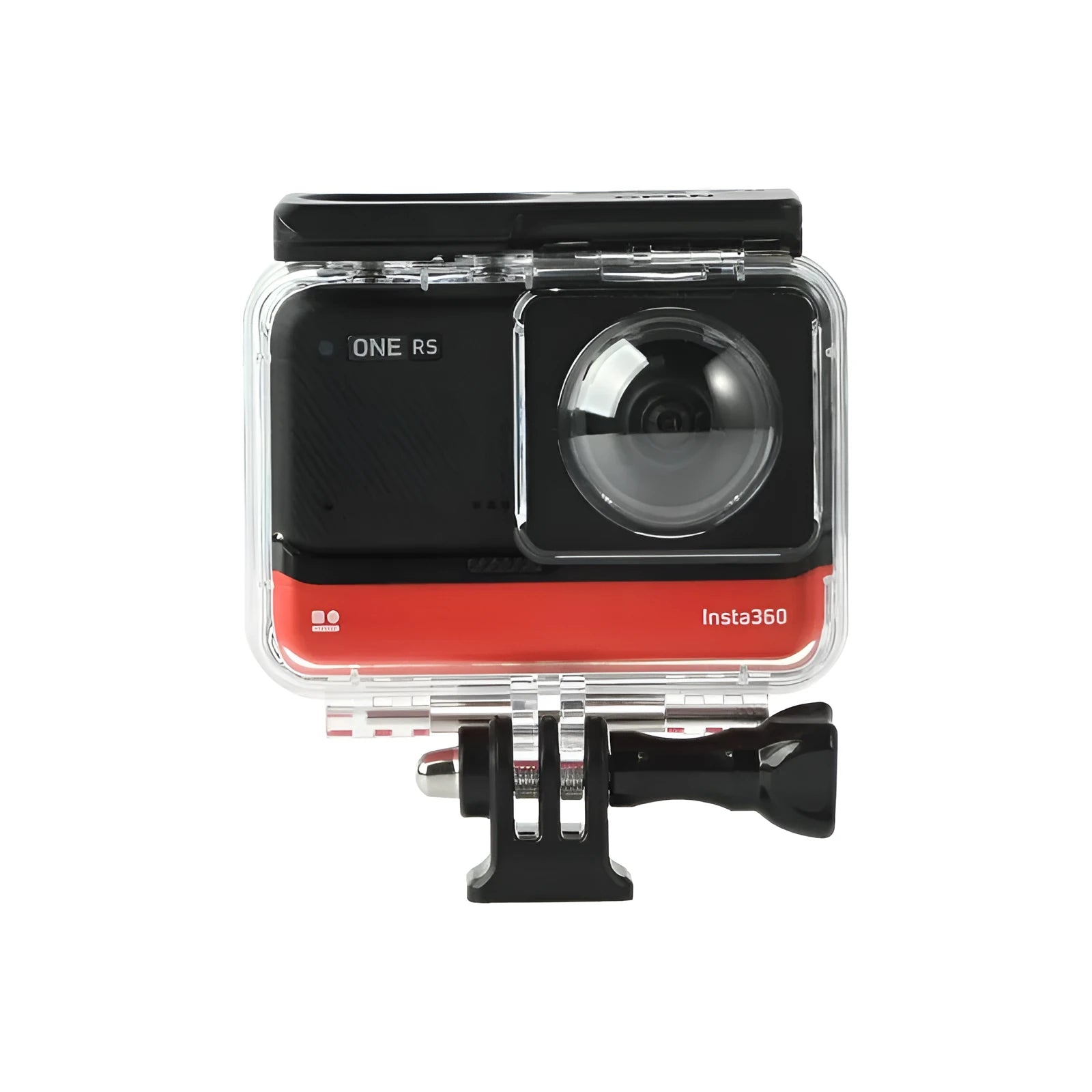 Transparent Insta360 One RS waterproof case showing dual lens openings and clear polycarbonate construction