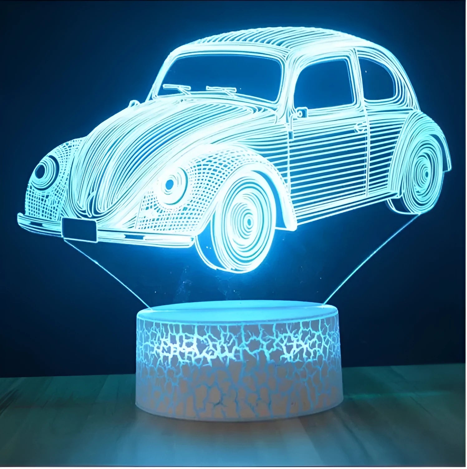 Small modern table lamp with 3D acrylic shade and black ABS base on a desk.