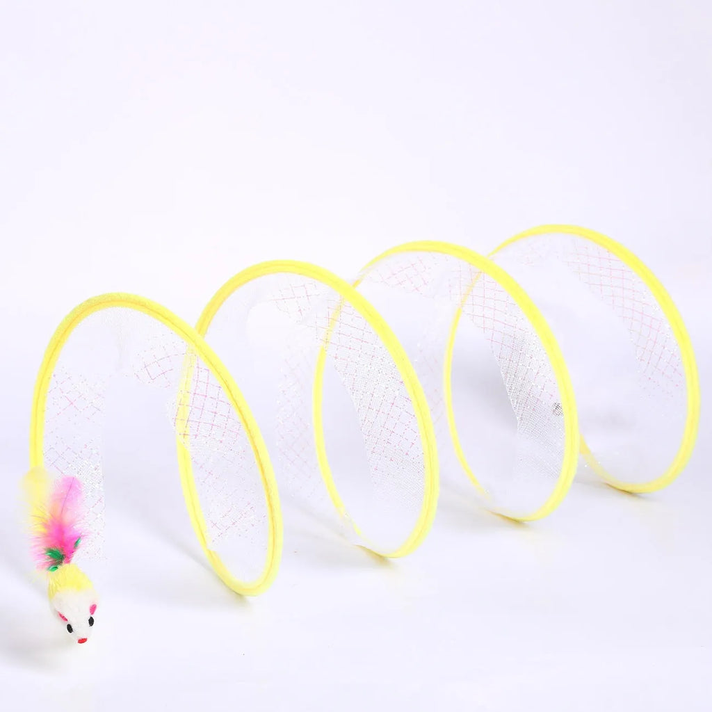 S-shaped cat tunnel toy with steel wire frame, elastic netting walls, and colourful feather attachments