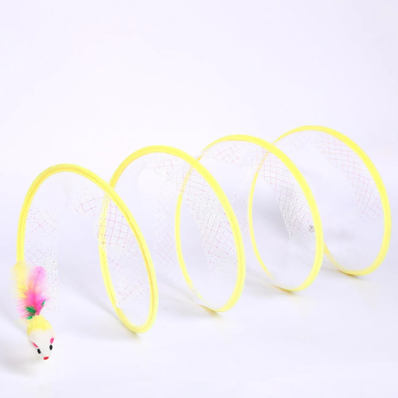S-shaped cat tunnel toy with steel wire frame, elastic netting walls, and colourful feather attachments