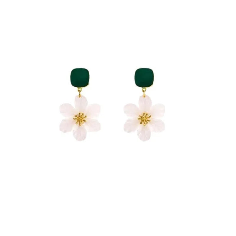 Dark green alloy needle flowers sweet earrings for women, complete pair with decorative design elements