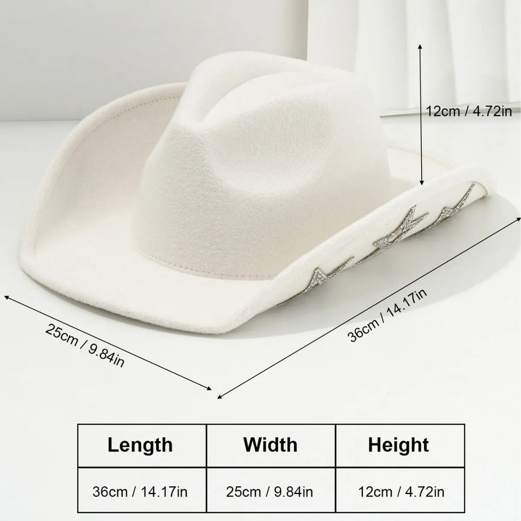 Beige polyester Western top hat with a conical crown and a silver hexagonal star decoration on the front.