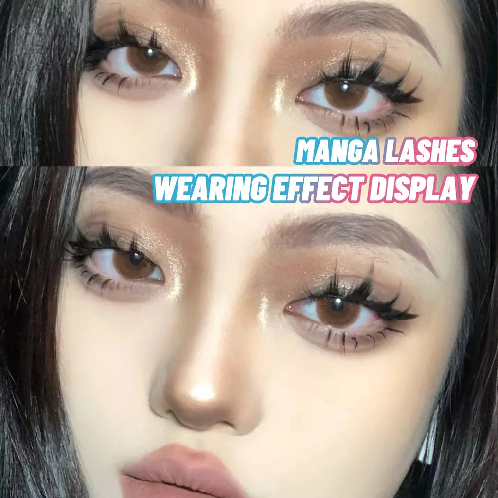 5 pairs of manga-style false eyelashes on a black strip, showing natural wispy Korean makeup look.