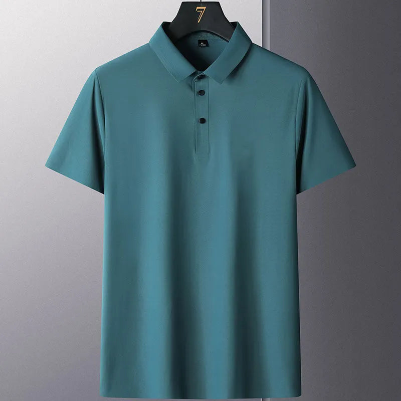 Men's solid colour non-ironing short sleeve business casual shirt in navy blue on a hanger.