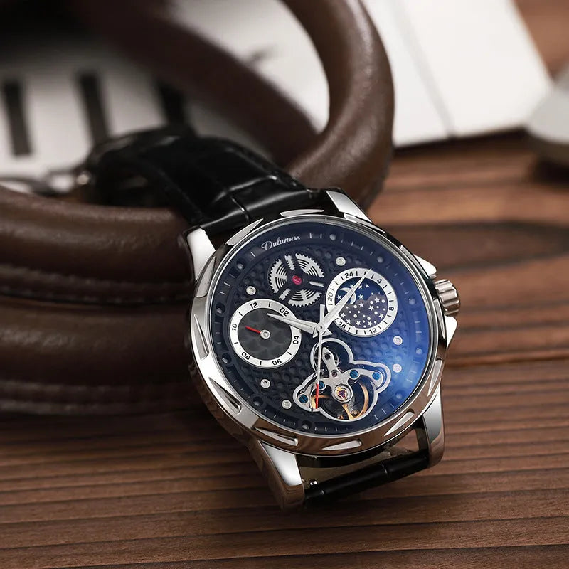 Men's waterproof automatic watch with luminous hands on a steel bracelet and black dial.