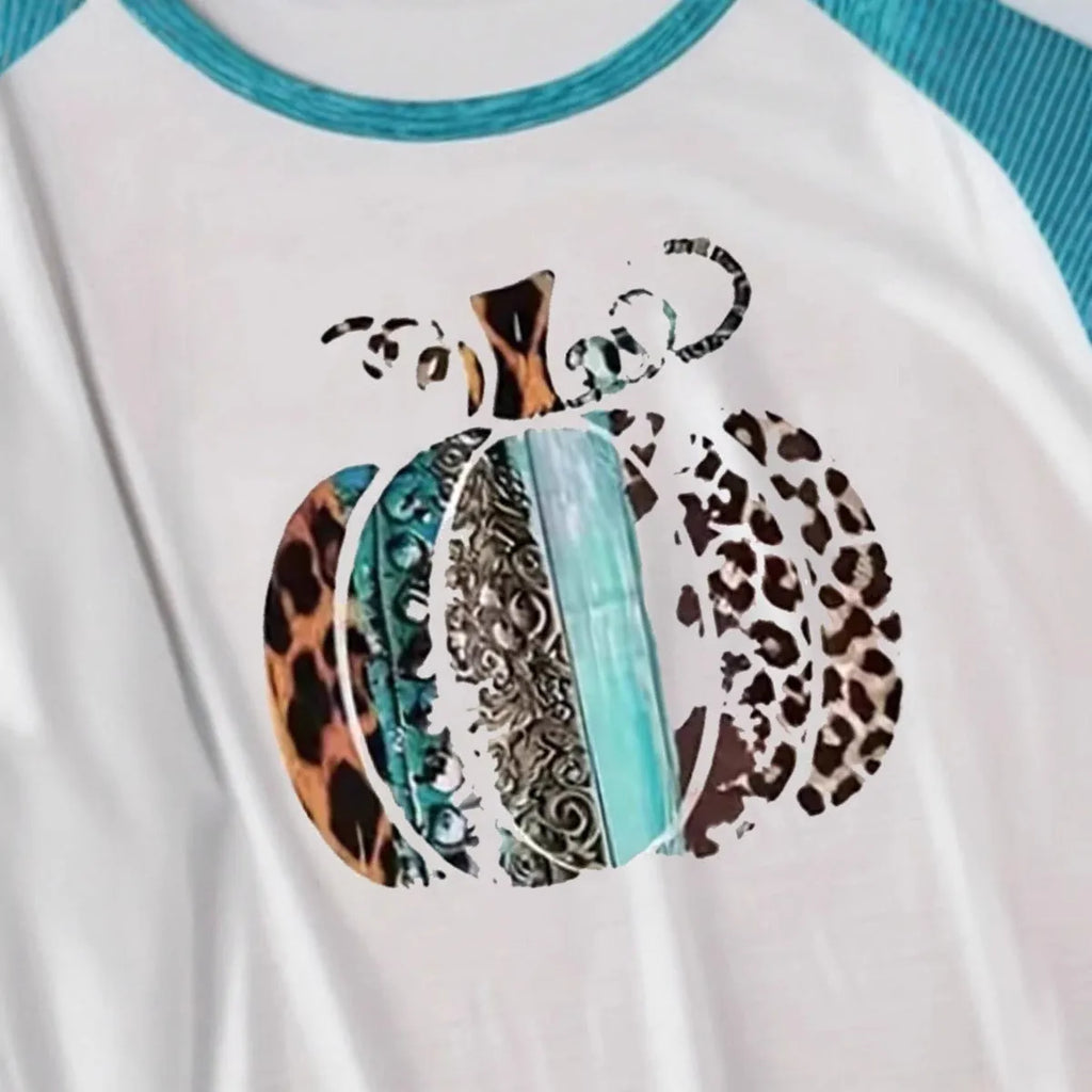 Sky blue Halloween pumpkin digital print t-shirt with long sleeves on mannequin