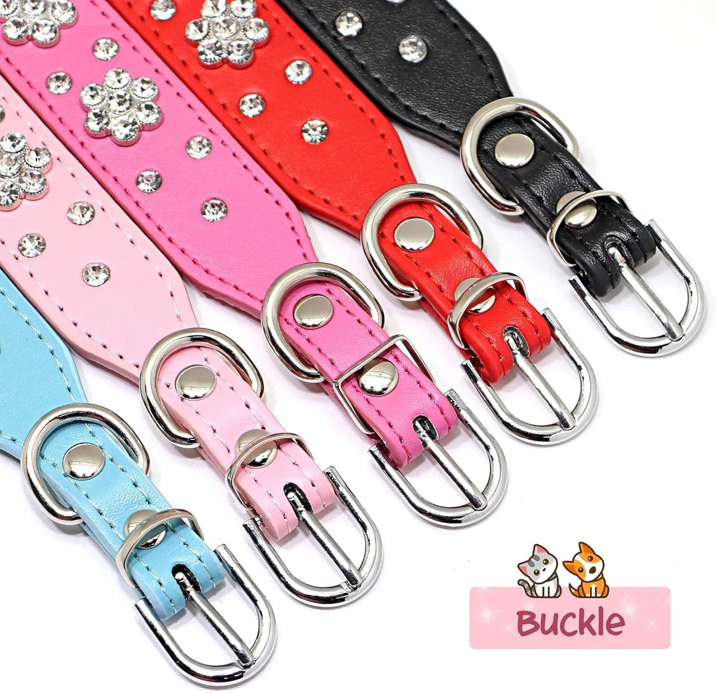 Rhinestone flower pattern on a black adjustable PU leather dog collar with metal D-ring for small dogs.