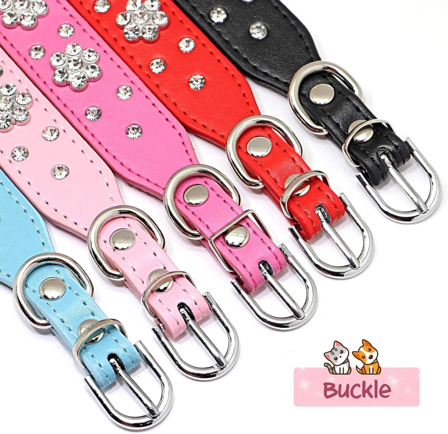 Rhinestone flower pattern on a black adjustable PU leather dog collar with metal D-ring for small dogs.