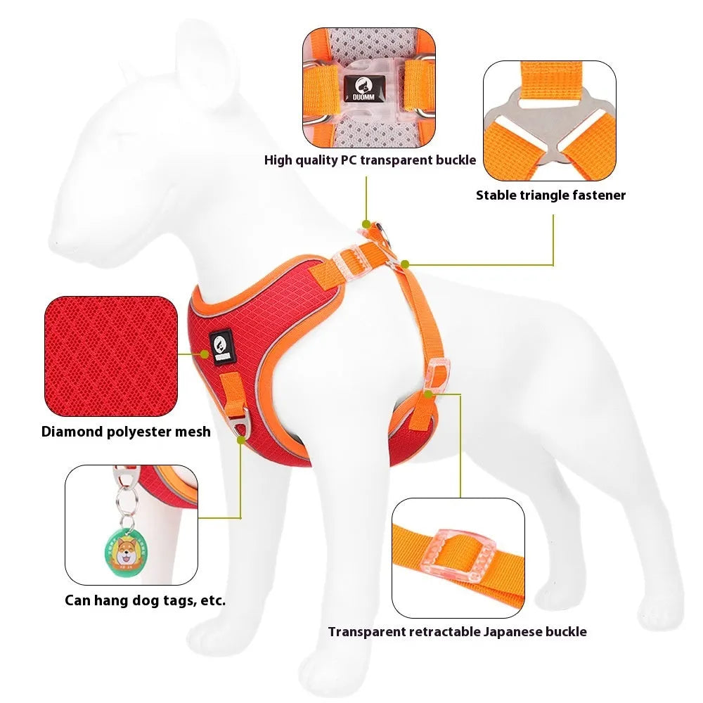 Adjustable dog harness with reflective strips and mesh saddle panel in black colour