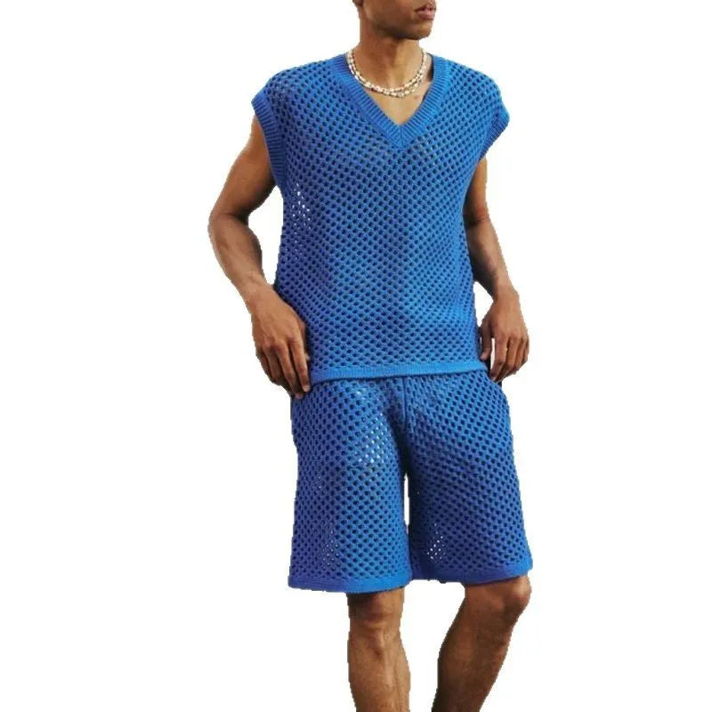 Men's blue V-neck sleeveless vest and matching shorts sports suit on hanger