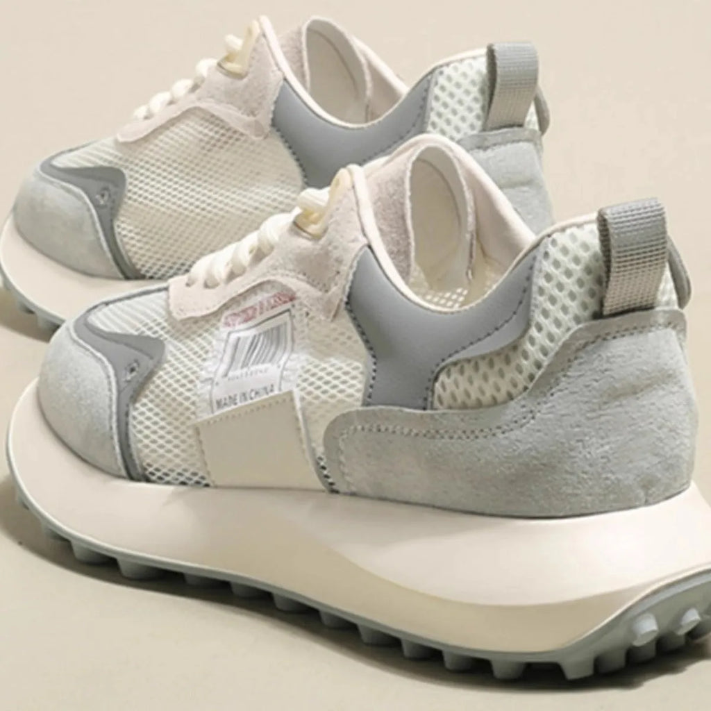 Women's grey and pink retro sneakers with rubber soles and mesh lining in low-top design