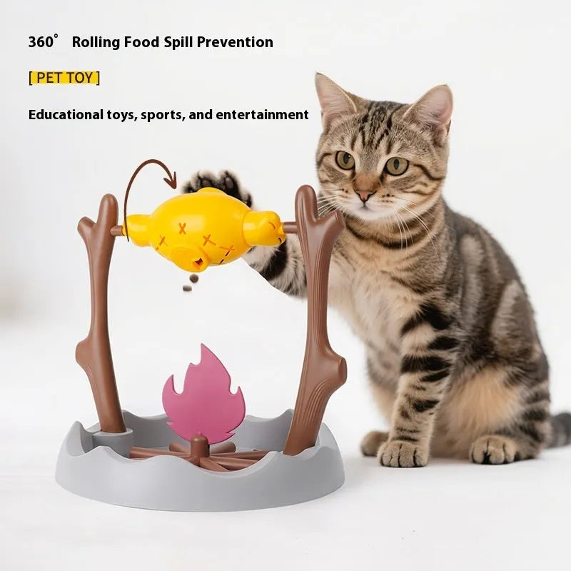 Barbecue-style tumbling cat treat feeder measuring 30x30x29cm with plastic construction