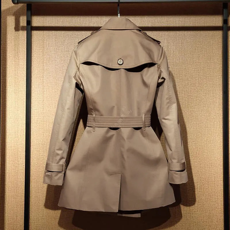 Khaki women's trench coat with double-breasted front and long flight sleeves