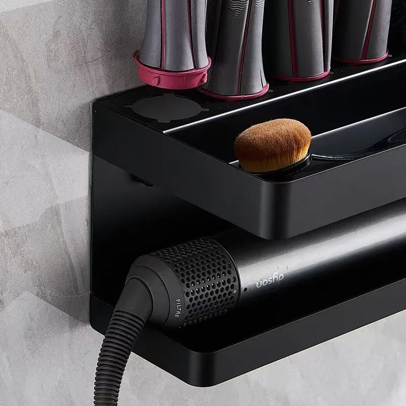 White punch-free double-layer aluminium rack holding Marcel waving irons on a bathroom wall.