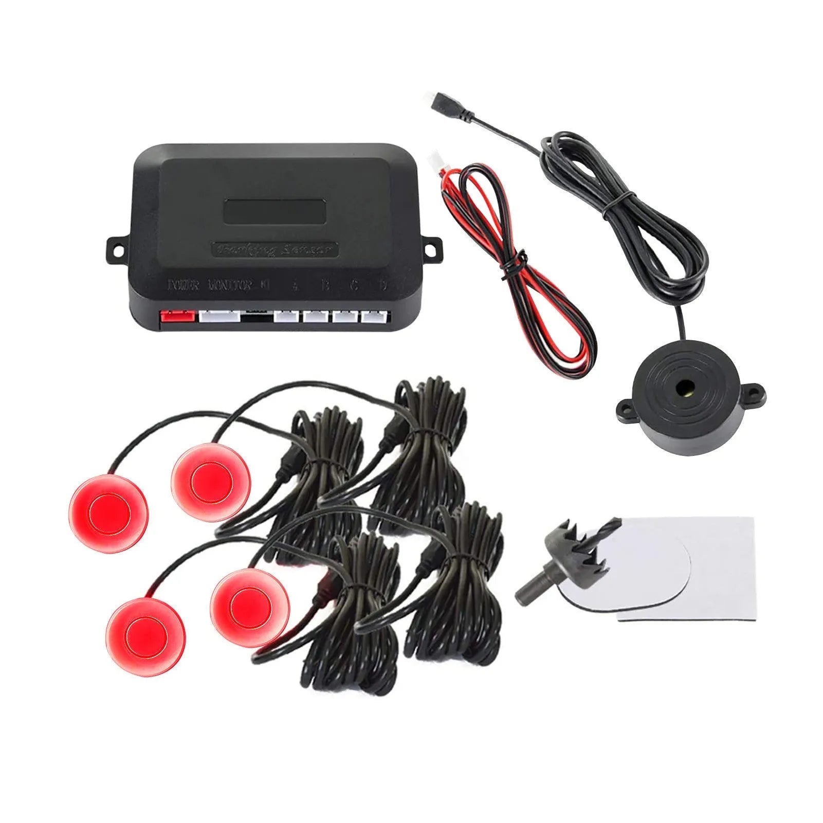 4-probe screen-less buzzer reversing radar system with sensors, control module, and hole saw for car installation
