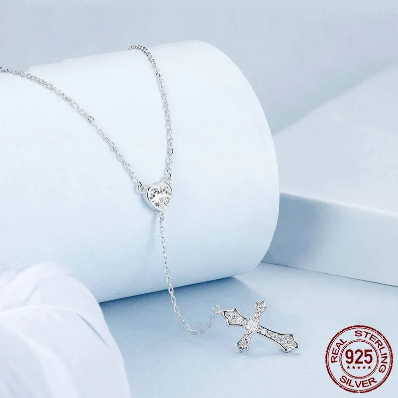 Simple V-neck love cross pendant necklace in 925 silver with O-ring chain, colour BSN384
