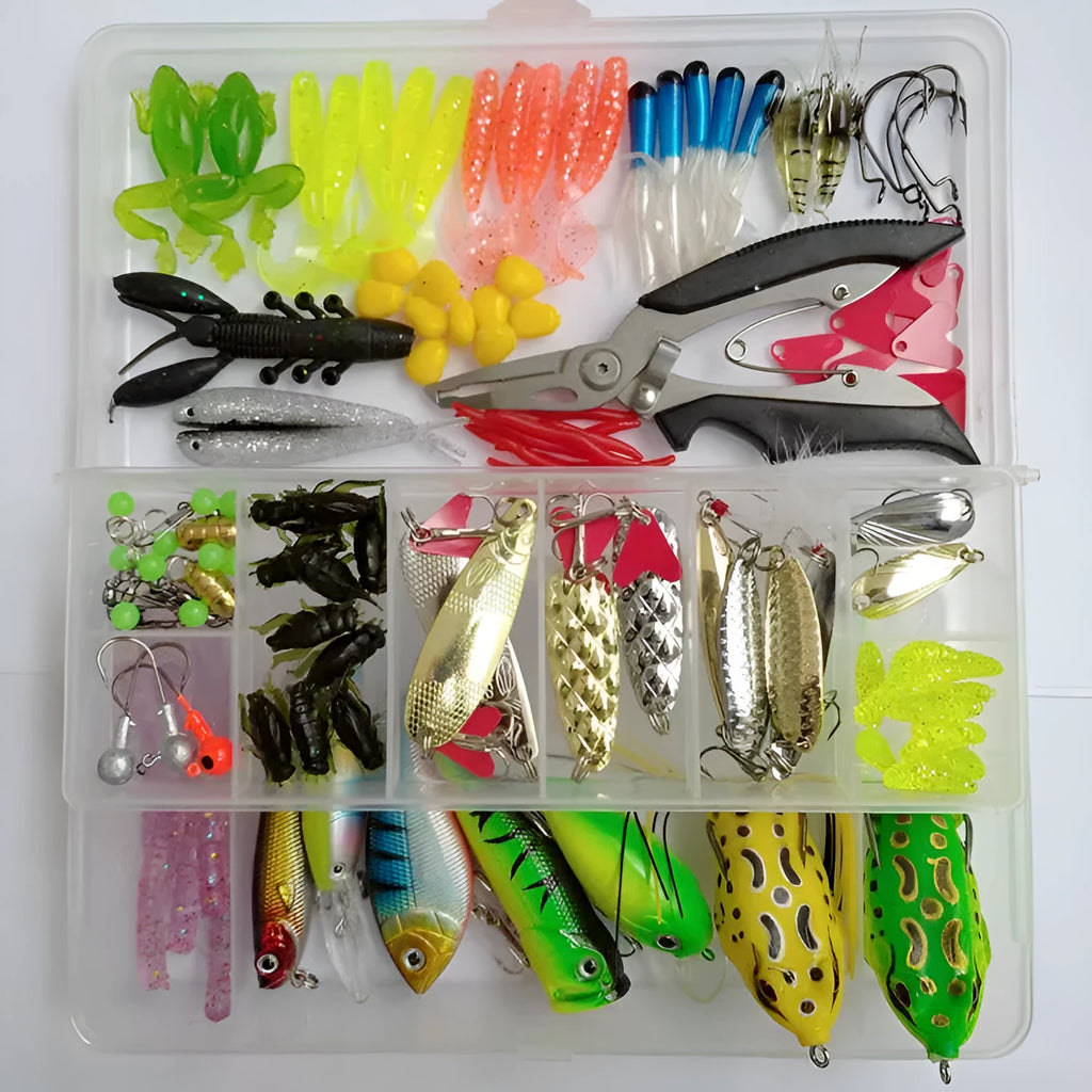 142-piece fishing lure set showing hard minnow lures, metal sequins, plastic superbait, and fishing pliers