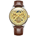 Men's waterproof automatic mechanical watch with leather strap in gold or white options