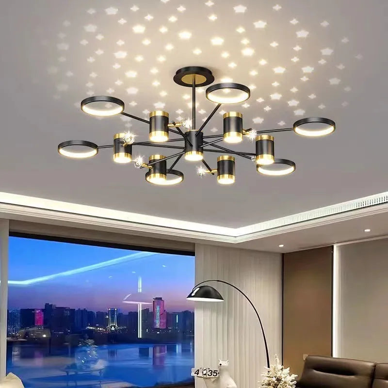 Black iron pendant chandelier with 13 star lamp heads and adjustable suspension