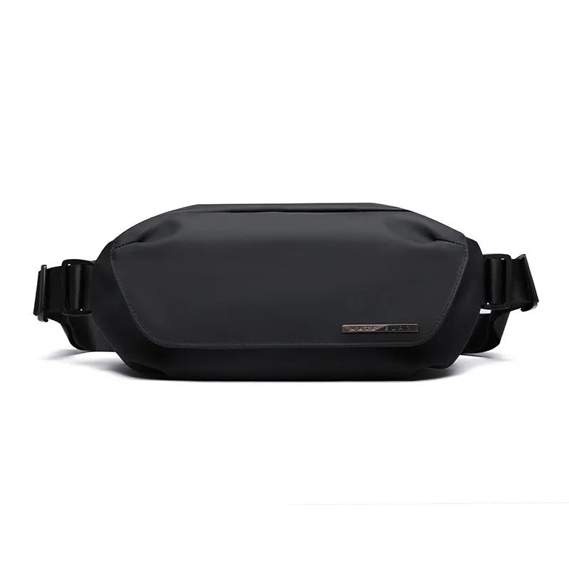 Black Oxford cloth men's messenger bag with cross-body strap and street style details