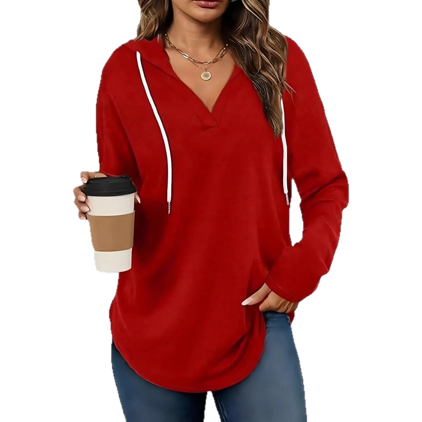 Women's red hooded sweatshirt with V-neck and long sleeves