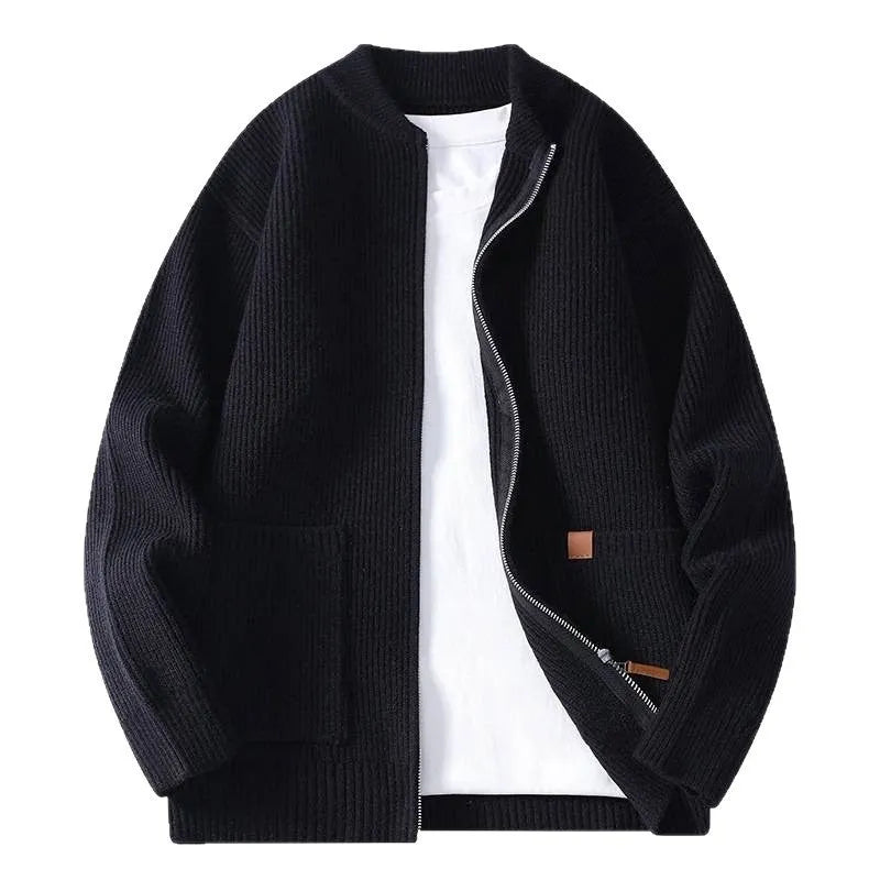 Men's beige and grey striped sweater cardigan jacket on a hanger