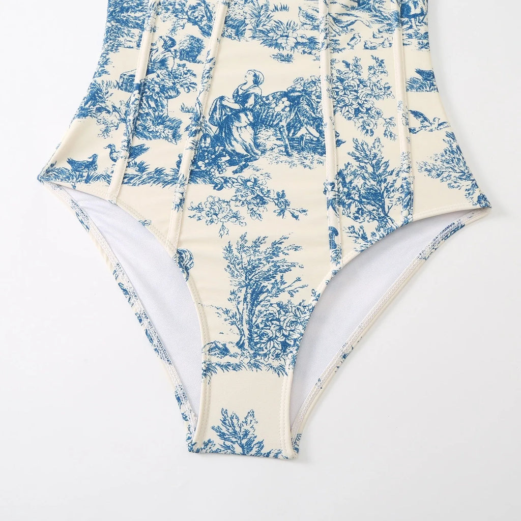 Women's blue patterned one-piece swimsuit with matching gauze skirt, polyester fabric, multiple size options