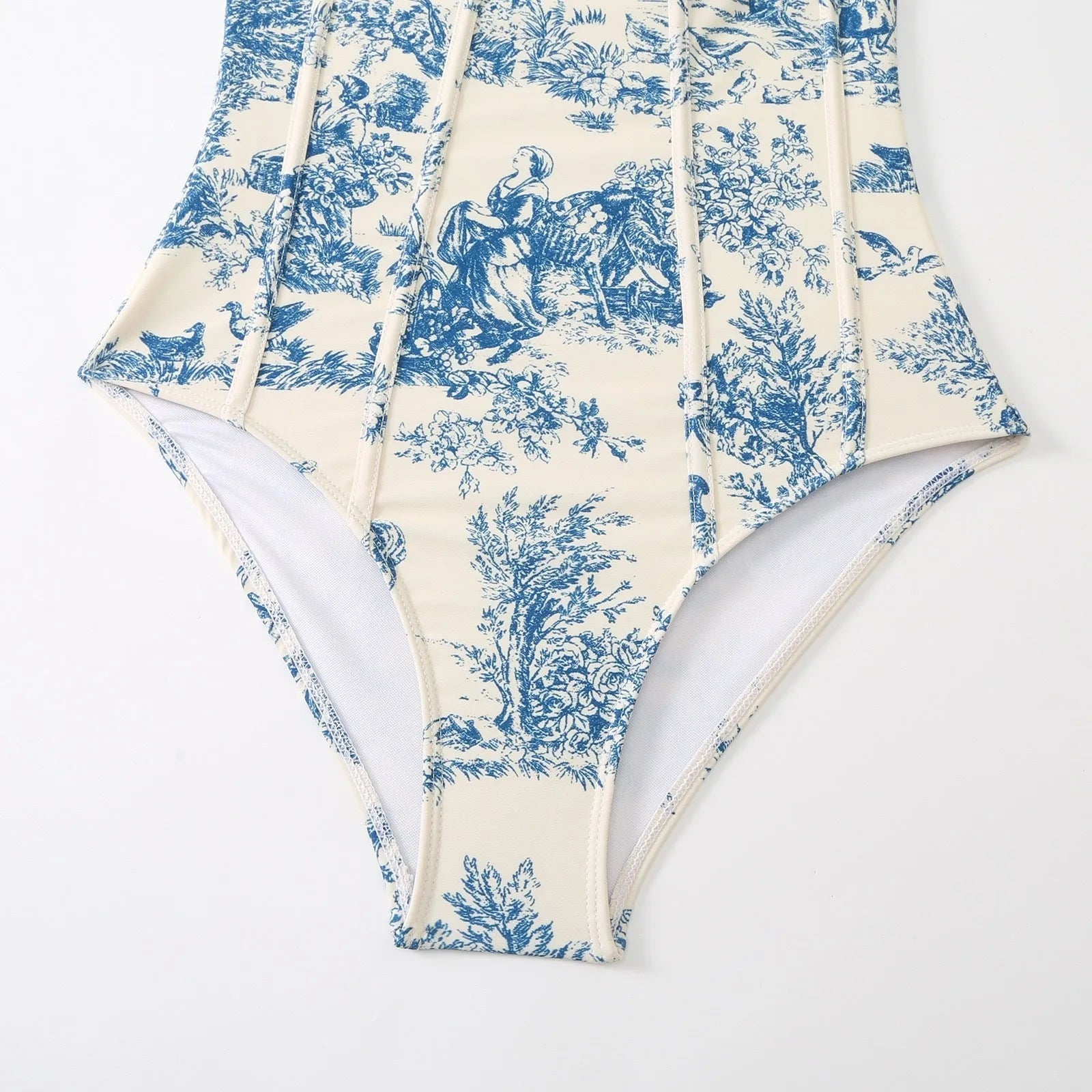 Women's blue patterned one-piece swimsuit with matching gauze skirt, polyester fabric, multiple size options