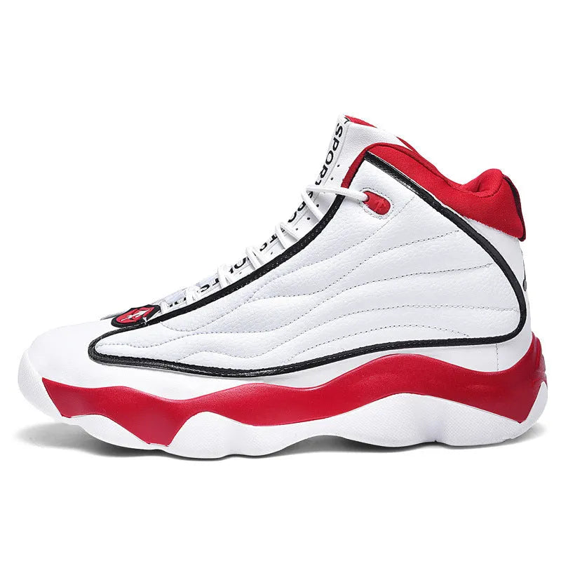 Men's high-top basketball shoes in AJ13 white red colour with mesh upper and rubber sole.