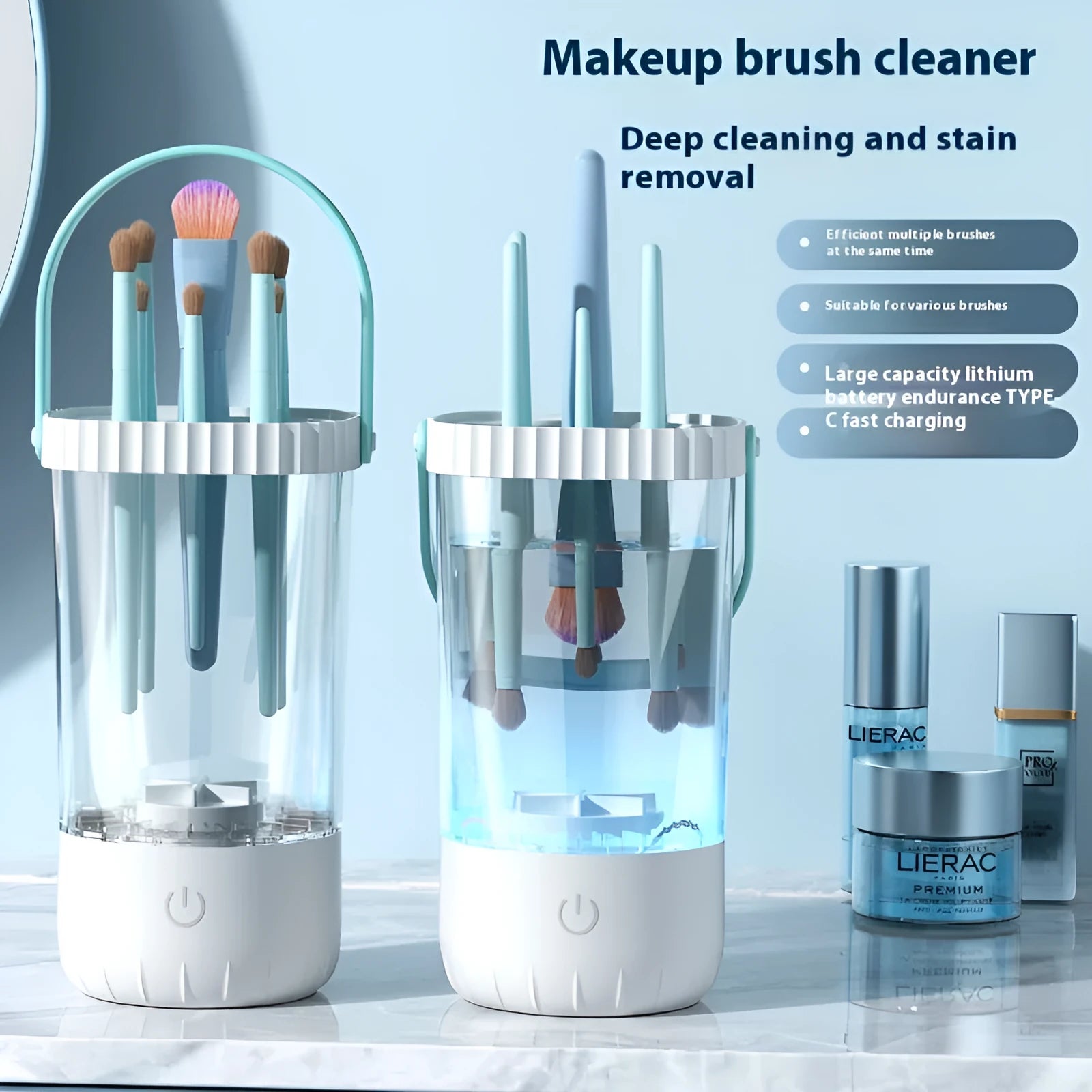 White rechargeable electric makeup brush cleaning tool with USB cable.