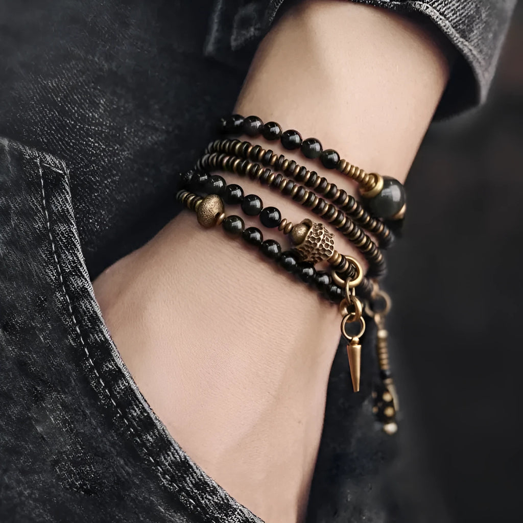 Geometric black stone beaded bracelet with multi-layered retro design